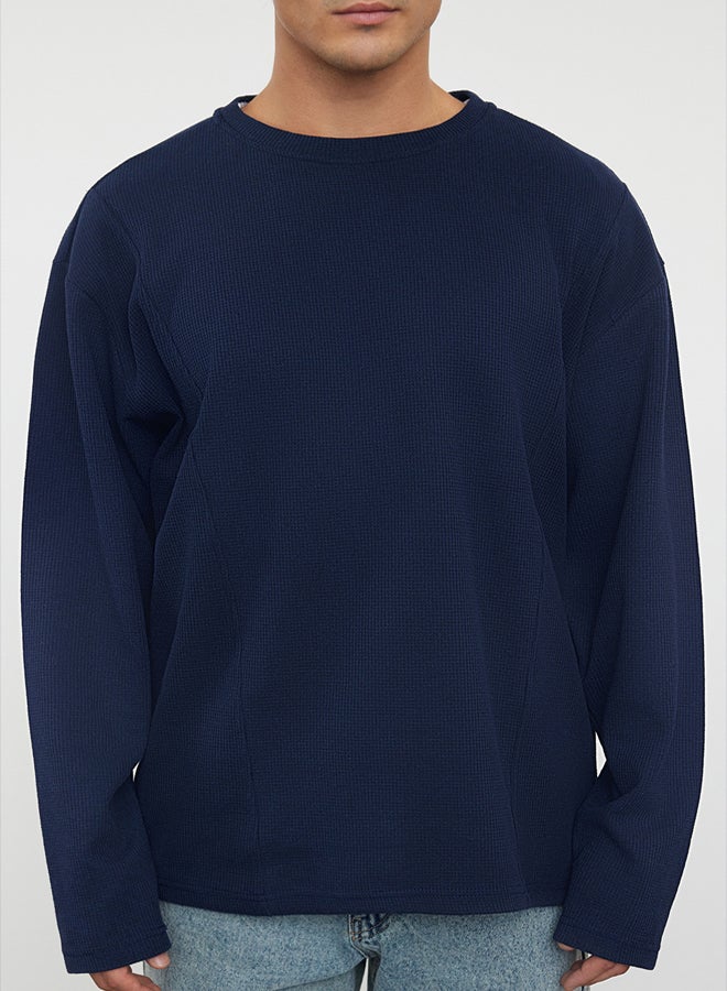 trendyol Navy Blue Regular Fit Stitch Detailed Textured Crew Neck T-Shirt - Image 4