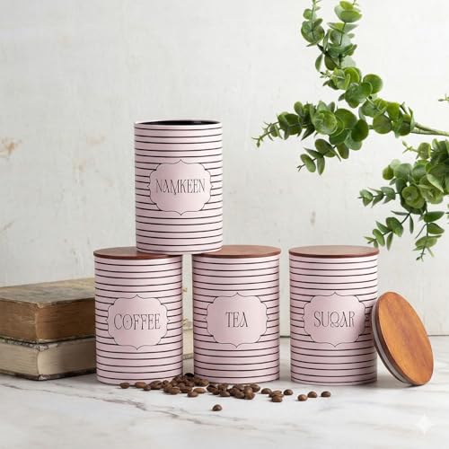 nestroots Tea Coffee Sugar Containers Set of 4 | 750g Airtight Kitchen Storage Jars & Canisters for Dry Fruits, Spices, or Baking Essentials | Striped Black Tin Design for Modern Kitchen Decor - Image 1