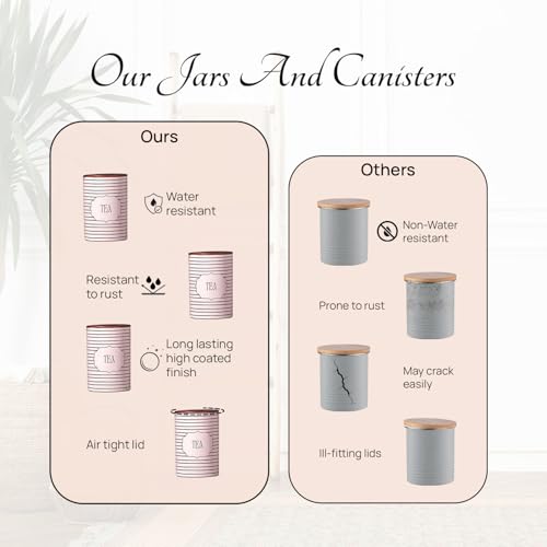 nestroots Tea Coffee Sugar Containers Set of 4 | 750g Airtight Kitchen Storage Jars & Canisters for Dry Fruits, Spices, or Baking Essentials | Striped Black Tin Design for Modern Kitchen Decor - Image 5
