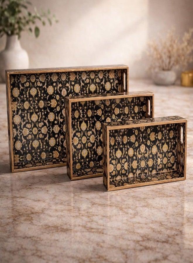Amimashop Set of 3 Rectangular Wooden Serving Trays|Wooden Tray Set for Serving| Wooden Tray for Decoration, Serving, Kitchen Organizer|Tray Set with Handles(16", 14", 12") Black Gold Floral - Image 1