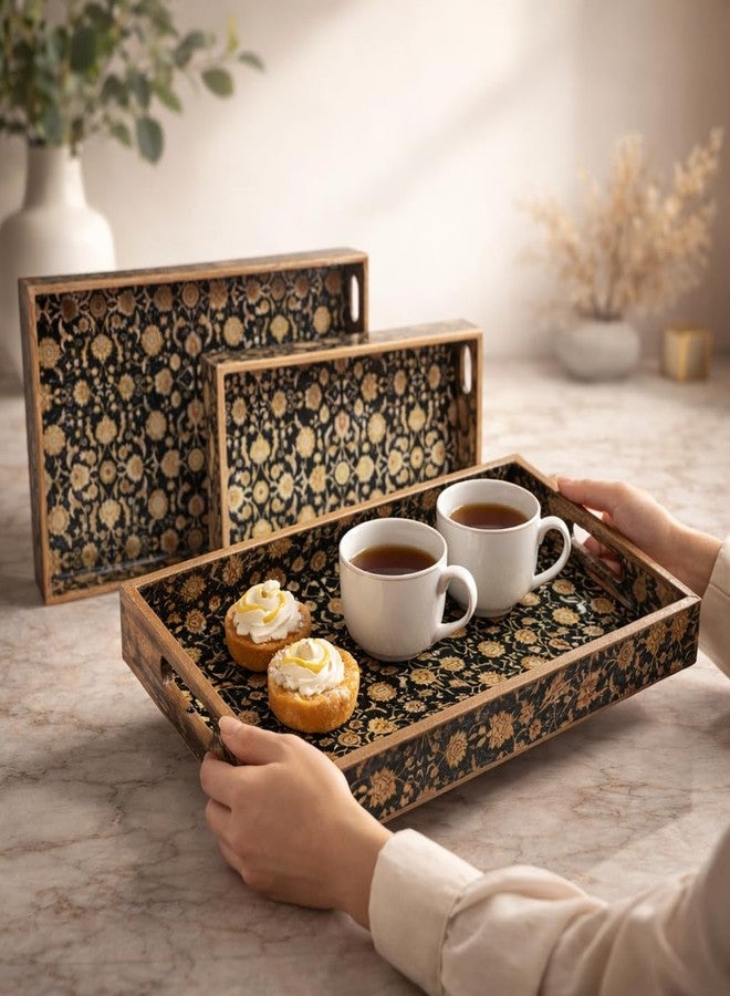 Amimashop Set of 3 Rectangular Wooden Serving Trays|Wooden Tray Set for Serving| Wooden Tray for Decoration, Serving, Kitchen Organizer|Tray Set with Handles(16", 14", 12") Black Gold Floral - Image 5