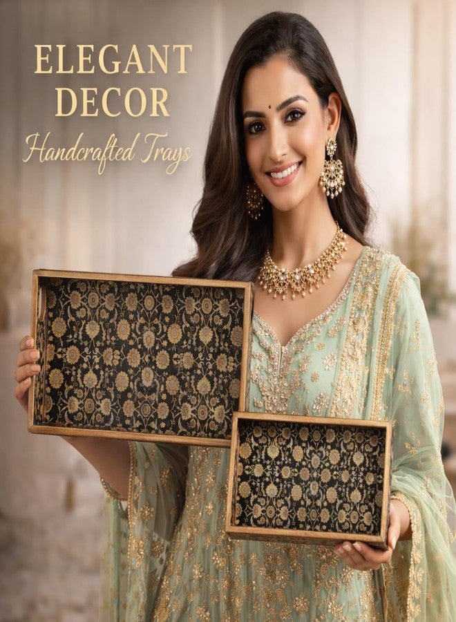 Amimashop Set of 3 Rectangular Wooden Serving Trays|Wooden Tray Set for Serving| Wooden Tray for Decoration, Serving, Kitchen Organizer|Tray Set with Handles(16", 14", 12") Black Gold Floral - Image 3
