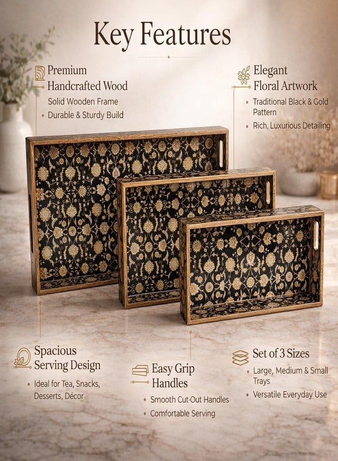 Amimashop Set of 3 Rectangular Wooden Serving Trays|Wooden Tray Set for Serving| Wooden Tray for Decoration, Serving, Kitchen Organizer|Tray Set with Handles(16", 14", 12") Black Gold Floral - Image 4