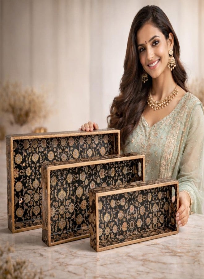 Amimashop Set of 3 Rectangular Wooden Serving Trays|Wooden Tray Set for Serving| Wooden Tray for Decoration, Serving, Kitchen Organizer|Tray Set with Handles(16", 14", 12") Black Gold Floral - Image 2