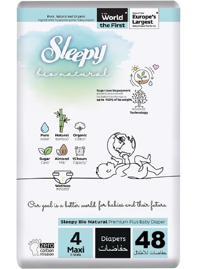 Sleepy حفاضات بيبي جافة ملصقة بيولوجية طبيعية حجم 4، 48 قطعة، 7-14 كجم، مضادة للحساسية، قائمة على الماء، حليب لوز، نباتية، 100% مانعة للتسرب - Image 1