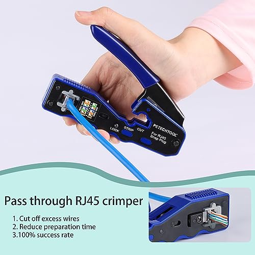 PETECHTOOL RJ45 Crimp Tool Pass Through Ethernet Crimper for Cat6 Cat5e Cat6a Connectors Cat6 Crimping Tool Kit - Image 3