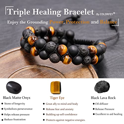 COLORFEY Triple Protection Bracelet for Men Women, Genuine Premium Tiger Eye Black Onyx and Lava Rock 8mm Handmade Bead Bracelet Healing Crystal Protection Bracelets Bring Luck and Prosperity and Happiness - Image 3