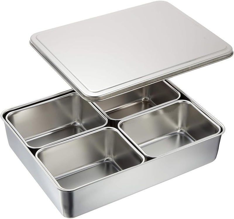 TIKUSAN Stainless Steel Seasoning Container Yakumi Pan Spice Storage Box Tray with Lid Medium Size Made in Japan (4 Containers (Square)) - Image 1