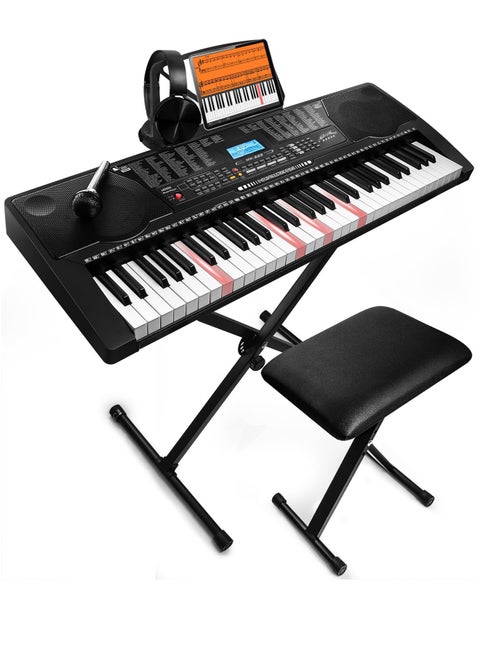 61-Key Full-Size Electronic Keyboard Piano with LCD Screen, Light-Up Teaching MK825 with Stand/Bench/Headphones/Microphone