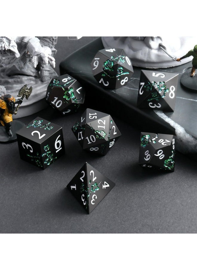 DNDND Er Green Dnd Metal Dice, Dndnd 7 Pcs Flower Metallic Dnd Dice Set With Gorgeous Gift Case For Dungeons And Dragon Tabletop Game (Matte Black With Glitter Green Flower)  - Image 3