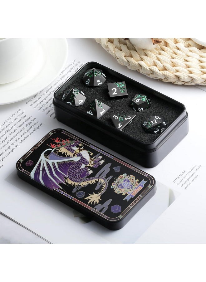 DNDND Er Green Dnd Metal Dice, Dndnd 7 Pcs Flower Metallic Dnd Dice Set With Gorgeous Gift Case For Dungeons And Dragon Tabletop Game (Matte Black With Glitter Green Flower)  - Image 5