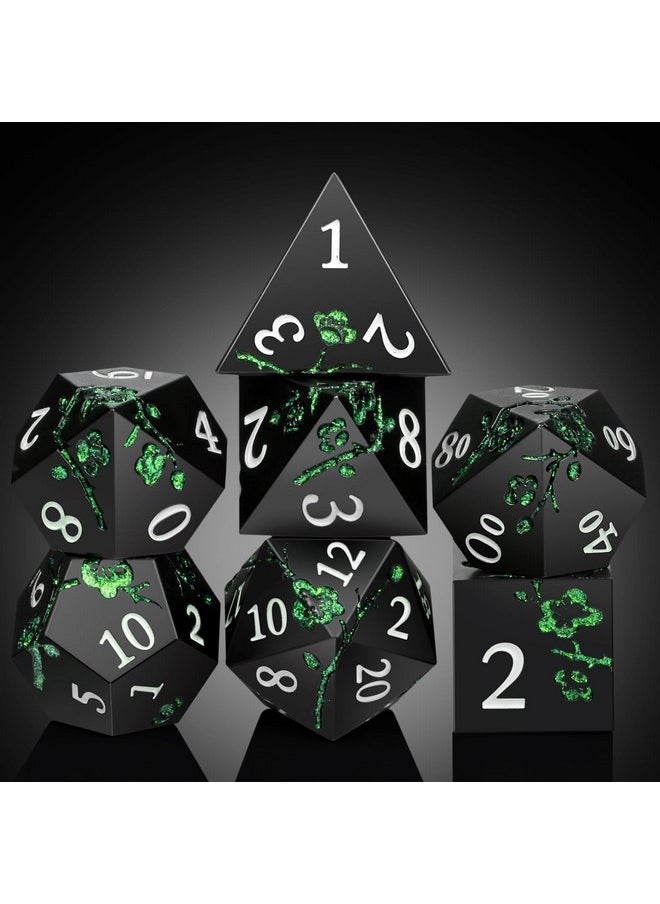 DNDND Er Green Dnd Metal Dice, Dndnd 7 Pcs Flower Metallic Dnd Dice Set With Gorgeous Gift Case For Dungeons And Dragon Tabletop Game (Matte Black With Glitter Green Flower)  - Image 4