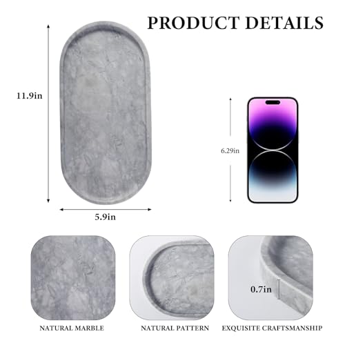 Koville Grey Marble Tray for Bathroom Countertop, 12"x6" Vanity Decorative Marble Tray for Dresser, Stone Catchall Trays for Perfume, Candles, Jewelry, Stone Gray Storage Trays for Home Decor - Image 2