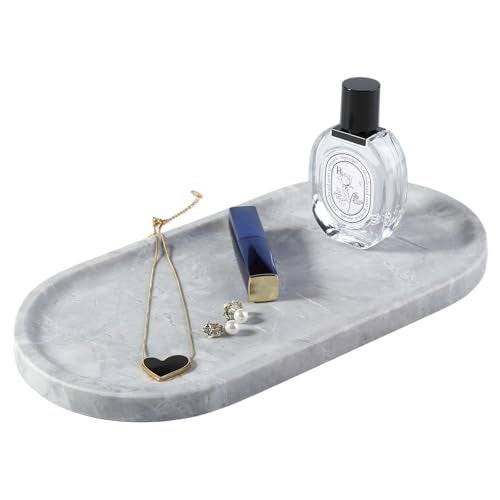 Koville Grey Marble Tray for Bathroom Countertop, 12"x6" Vanity Decorative Marble Tray for Dresser, Stone Catchall Trays for Perfume, Candles, Jewelry, Stone Gray Storage Trays for Home Decor - Image 1