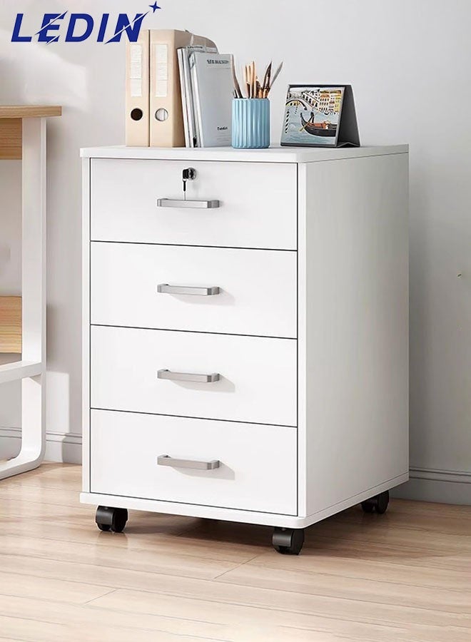 ليدين خزانة ملفات بأربعة أدراج قابلة للقفل وعجلات من الخشب الصناعي الأبيض (أربعة أدراج)