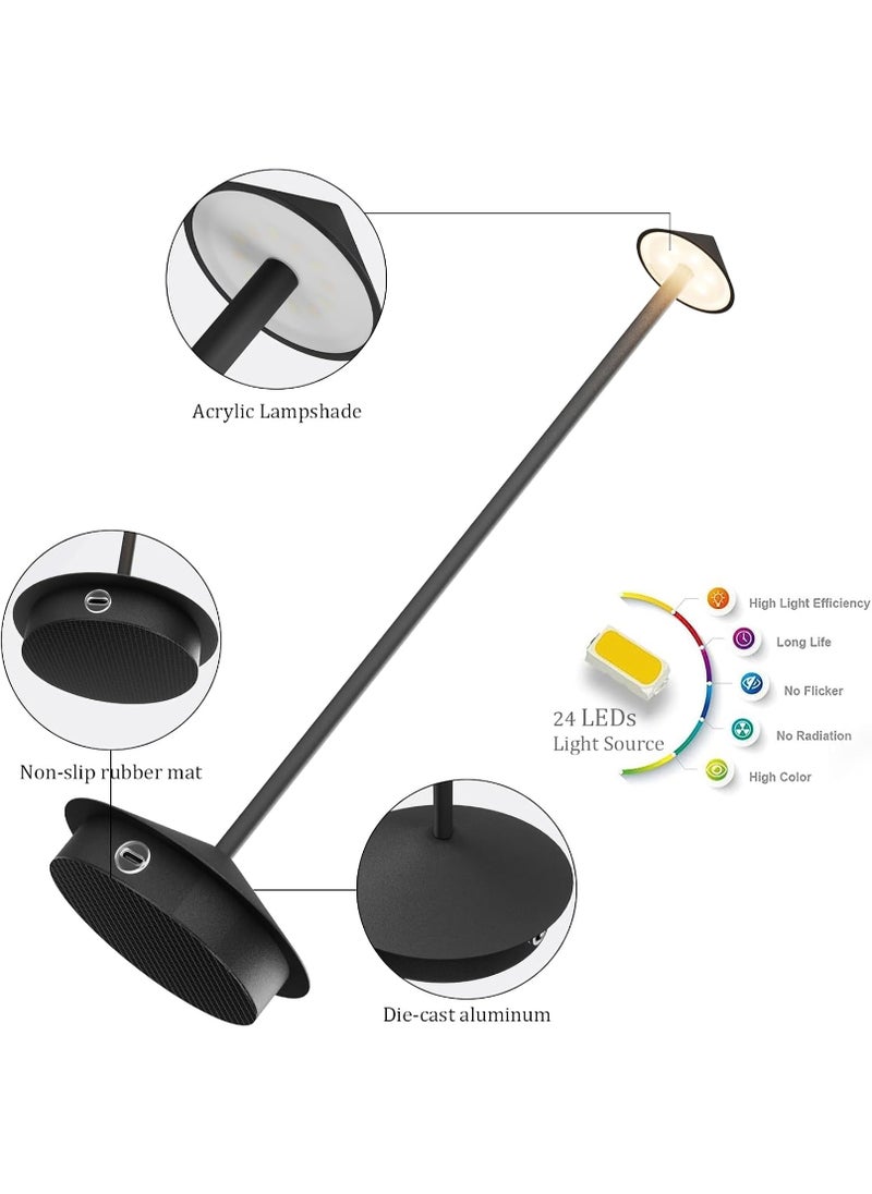 Cordless Rechargeable LED Table Lamp - 3-Color Dimmable Touch Light with 1200mAh Battery for Indoor and Outdoor Use - 30x10.4x10.4 cm - Black