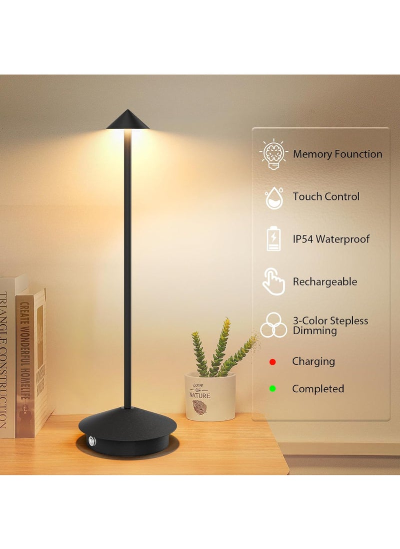 Cordless Rechargeable LED Table Lamp - 3-Color Dimmable Touch Light with 1200mAh Battery for Indoor and Outdoor Use - 30x10.4x10.4 cm - Black