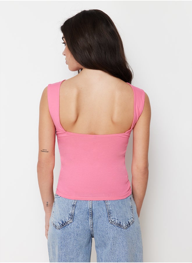 trendyol - Pink Decollete Decollete Fitted Regular Size Cotton Stretch Knitted Blouse TWOSS24BZ00031 - Image 1