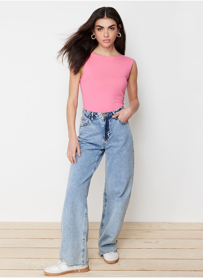 trendyol - Pink Decollete Decollete Fitted Regular Size Cotton Stretch Knitted Blouse TWOSS24BZ00031 - Image 1
