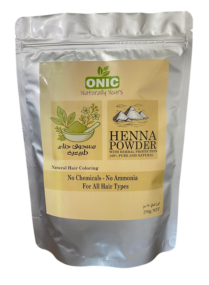 ONIC ONIC Henna Powder is a 100% natural, chemical-free alternative to synthetic hair dye. Sourced from the finest Egyptian Lawsonia Inermis leaves and finely milled for easy mixing, it delivers a vibrant, reddish-brown tint while deeply conditioning your hair and scalp.  Whether used alone or blended with herbs like amla or aloe vera, it’s the perfect solution for those seeking a safer, plant-based way to color and care for their hair- 250g - Image 1