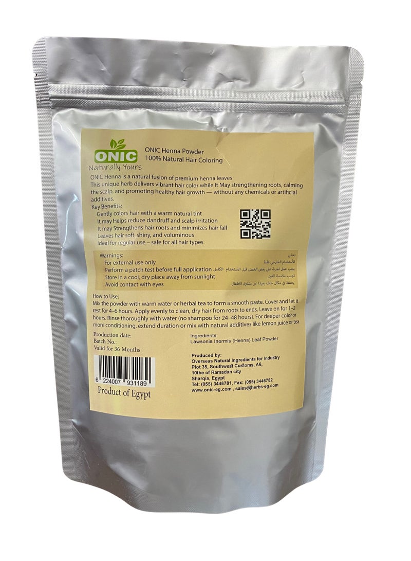 ONIC ONIC Henna Powder is a 100% natural, chemical-free alternative to synthetic hair dye. Sourced from the finest Egyptian Lawsonia Inermis leaves and finely milled for easy mixing, it delivers a vibrant, reddish-brown tint while deeply conditioning your hair and scalp.  Whether used alone or blended with herbs like amla or aloe vera, it’s the perfect solution for those seeking a safer, plant-based way to color and care for their hair- 250g - Image 2