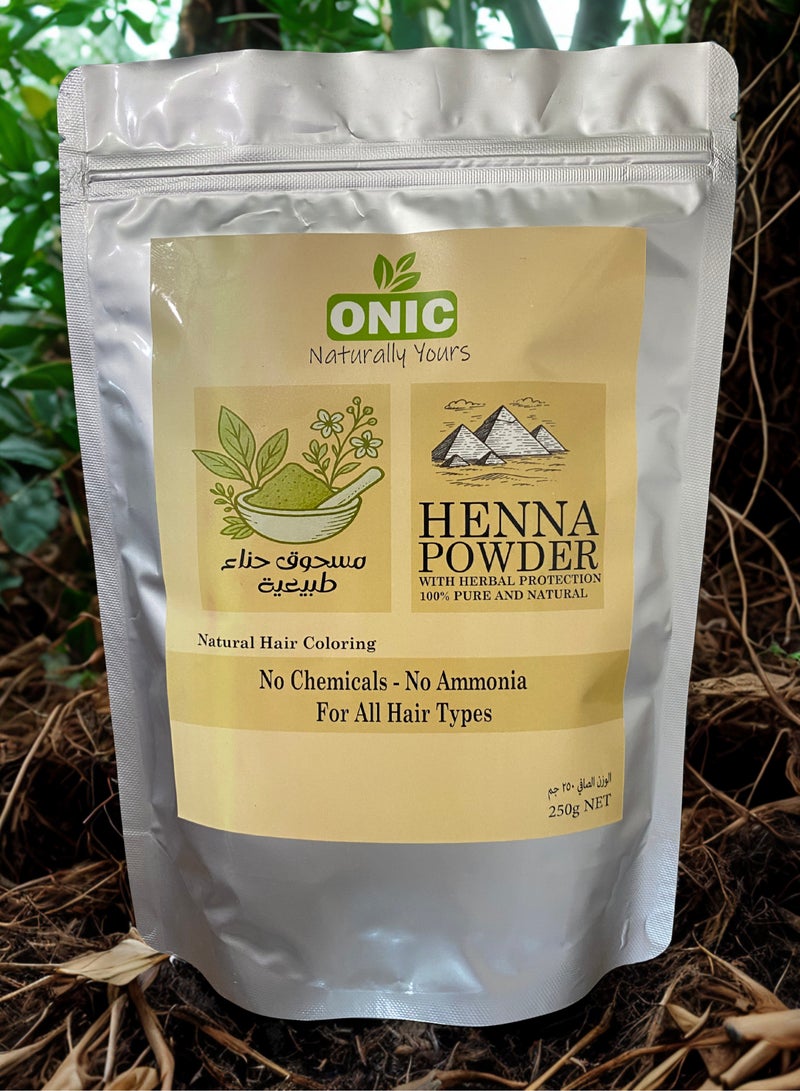 ONIC ONIC Henna Powder is a 100% natural, chemical-free alternative to synthetic hair dye. Sourced from the finest Egyptian Lawsonia Inermis leaves and finely milled for easy mixing, it delivers a vibrant, reddish-brown tint while deeply conditioning your hair and scalp.  Whether used alone or blended with herbs like amla or aloe vera, it’s the perfect solution for those seeking a safer, plant-based way to color and care for their hair- 250g - Image 3