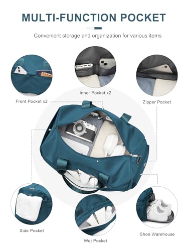 livbote Gym Bag for Women Men, Sport Duffel Bag with Toiletry Bag & Shoe Compartment,Waterproof Travel Weekender Overnight Carry on Bag for Yoga with Trolley Sleeve, Peacock Blue Set - Image 3