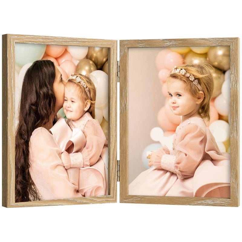 Space Art Deco 5x7 Double Hinged Frames  2 Folding Picture Frame  Stand Vertically on Desktop or Tabletop  Wood Grain - Image 1