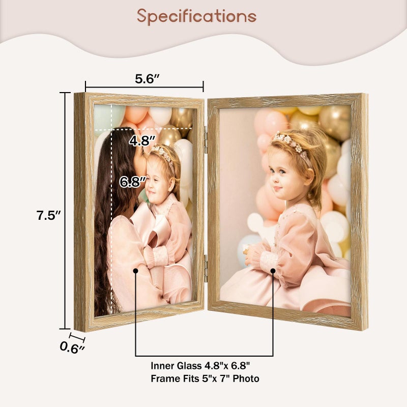 Space Art Deco 5x7 Double Hinged Frames  2 Folding Picture Frame  Stand Vertically on Desktop or Tabletop  Wood Grain - Image 2