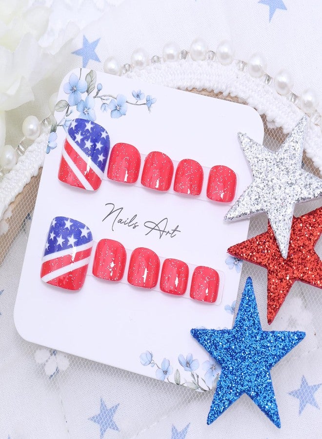 FDSQHSA 24pcs 4th of July Press on Toenails Short Square Fake Toe Nails with American Flag Star Glitter Designs Independence Day False Toenails 4th of July Acrylic Toe Nails for Women Toe Nail Decorations - Image 5