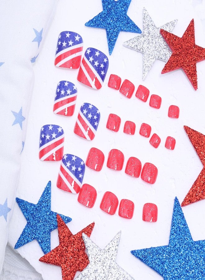 FDSQHSA 24pcs 4th of July Press on Toenails Short Square Fake Toe Nails with American Flag Star Glitter Designs Independence Day False Toenails 4th of July Acrylic Toe Nails for Women Toe Nail Decorations - Image 2