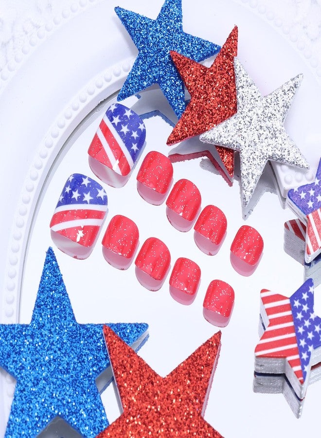 FDSQHSA 24pcs 4th of July Press on Toenails Short Square Fake Toe Nails with American Flag Star Glitter Designs Independence Day False Toenails 4th of July Acrylic Toe Nails for Women Toe Nail Decorations - Image 3