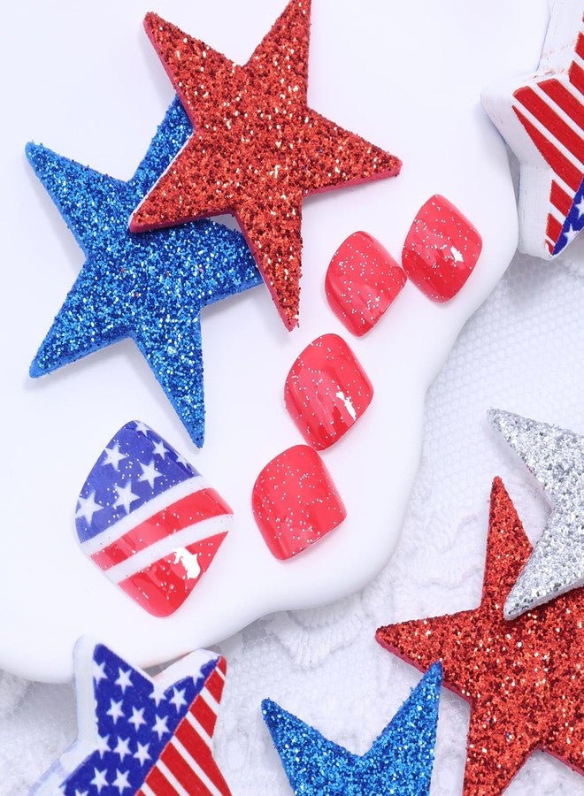 FDSQHSA 24pcs 4th of July Press on Toenails Short Square Fake Toe Nails with American Flag Star Glitter Designs Independence Day False Toenails 4th of July Acrylic Toe Nails for Women Toe Nail Decorations - Image 4