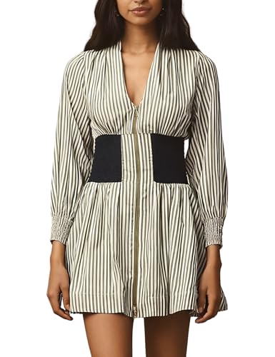 Meyhad Womens Long Sleeve Mini Dress V Neck Smocked Zipper Dress Casual A Line Short Dress with Pockets(1012-StripedWhite-L) - Image 1