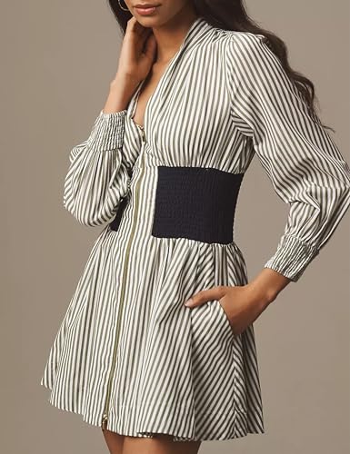 Meyhad Womens Long Sleeve Mini Dress V Neck Smocked Zipper Dress Casual A Line Short Dress with Pockets(1012-StripedWhite-L) - Image 3