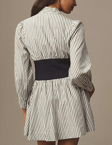 Meyhad Womens Long Sleeve Mini Dress V Neck Smocked Zipper Dress Casual A Line Short Dress with Pockets(1012-StripedWhite-L) - Image 4