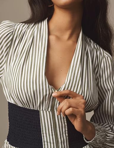 Meyhad Womens Long Sleeve Mini Dress V Neck Smocked Zipper Dress Casual A Line Short Dress with Pockets(1012-StripedWhite-L) - Image 5