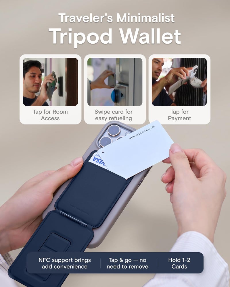 MOFT Phone Tripod Wallet for iPhone, Mulit-Angles, Lightweight & Portable Phone Stand, MOVAS Vegan Leather Magnetic Wallet, Strong Magnets, NFC Card Holder,Travel Essential, Navy Blue (With Card Slot) - Image 4