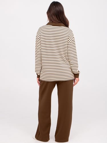 Glamaker Womens Sets 2 Piece Outfits Casual Striped Matching Sets Long Sleeve Sweatsuits Travel Outfits (Striped Brown S) - Image 4