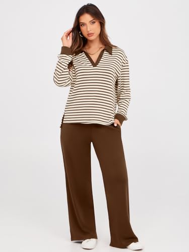 Glamaker Womens Sets 2 Piece Outfits Casual Striped Matching Sets Long Sleeve Sweatsuits Travel Outfits (Striped Brown S) - Image 2