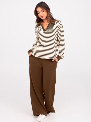 Glamaker Womens Sets 2 Piece Outfits Casual Striped Matching Sets Long Sleeve Sweatsuits Travel Outfits (Striped Brown S) - Image 3