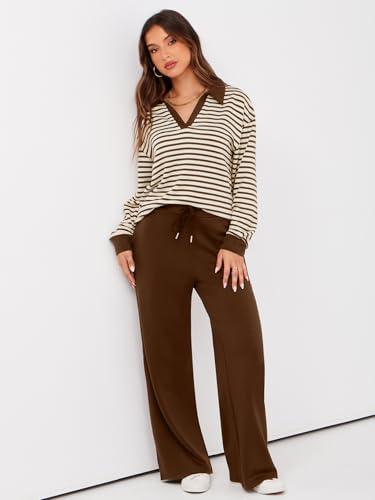 Glamaker Womens Sets 2 Piece Outfits Casual Striped Matching Sets Long Sleeve Sweatsuits Travel Outfits (Striped Brown S) - Image 5