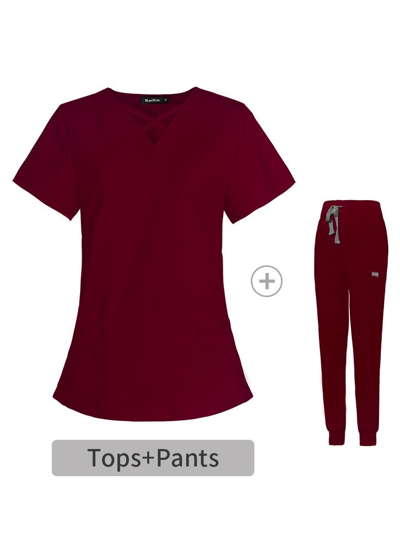 Loquat Fashion Medical Uniform Scrubs 2 Piece Set Stand Collar Top and Jogger Pants Suit Wine Red 