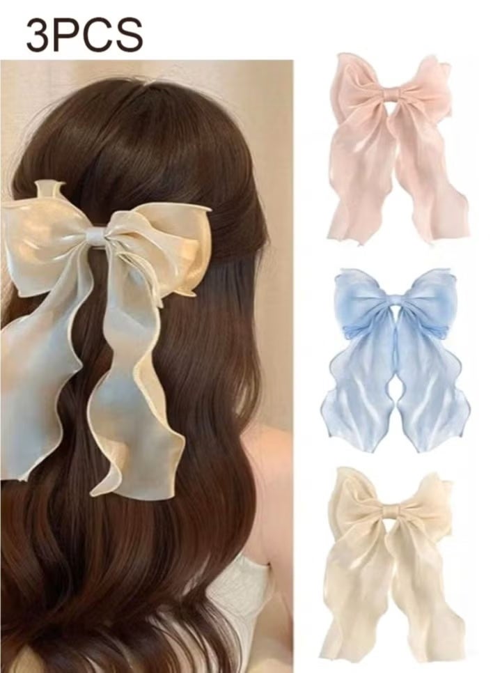 3-Piece Gauze Cute and Beautiful Bow Hair Accessories for Women Girls (Blue + Pink + Apricot) - Image 1