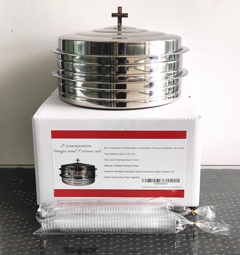 SruiSwei Polished Stainless Steel 2 Communion Cup Trays with Cover for Church Service,Stackable 2 Communion Holy Serving Trays with Cover,Church CommunionTrays Serving Ware Sets - Image 2