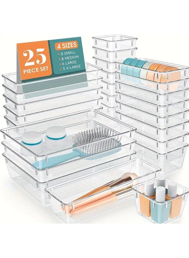 Walpck 25 PCS Clear Plastic Drawer Organizer Set, 4 Sizes Desk Drawer Divider Organizers and Storage Bins for Makeup, Jewelry, Gadgets for Kitchen, Bedroom, Bathroom, Office - Image 1