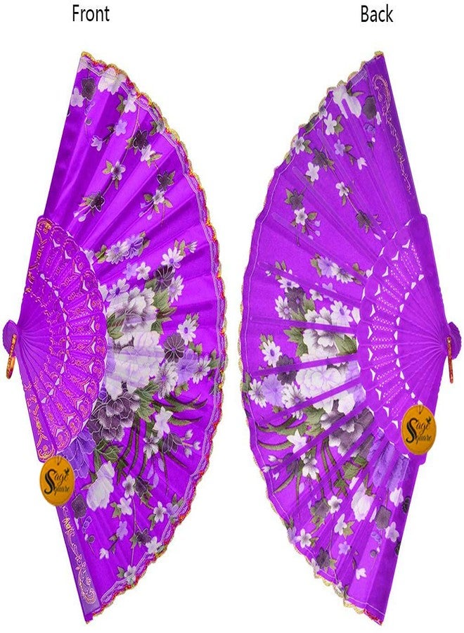 Sage Square Floral Handheld Folding Chinese Fan Vintage Era Touch, Fabric Folding Fan for Wedding Dancing Party, Decoration,Birthday Party, Photo Booth (Purple) - Image 2