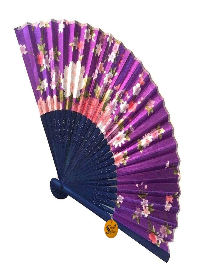 Sage Square Floral Handheld Folding Chinese Fan Vintage Era Touch, Fabric Folding Fan for Wedding Dancing Party, Decoration,Birthday Party, Photo Booth (Purple) - Image 1