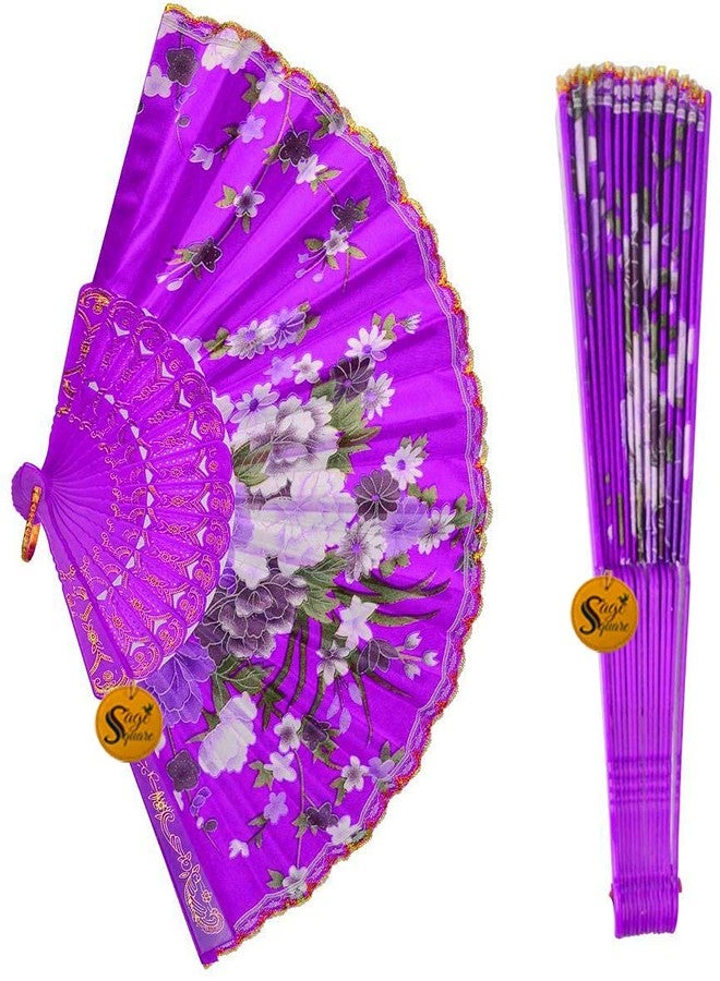 Sage Square Floral Handheld Folding Chinese Fan Vintage Era Touch, Fabric Folding Fan for Wedding Dancing Party, Decoration,Birthday Party, Photo Booth (Purple) - Image 4