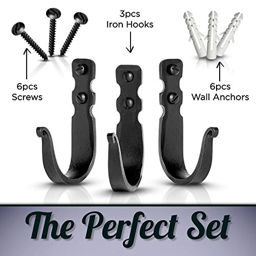Stur-De Decorative Hooks for Wall - Metal Wall Hooks for Hanging Coats, Hats & Bags, Rustic Towel Hooks for Bathrooms or Kitchen - Wrought Iron Farmhouse Hangers - Pack of 3, Black - 3.3x2x0.8 Inches - Image 4